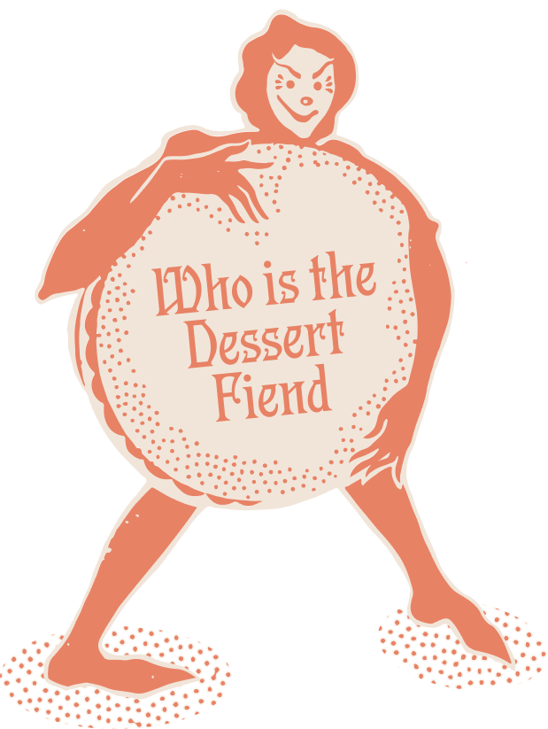 The Dessert Fiend mascot holding a giant macaroon that says, "Who is the Dessert Fiend"