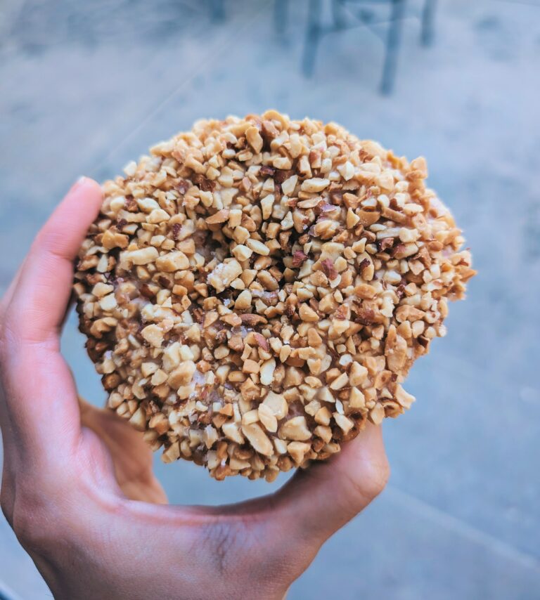A picture of a hand holding a peanut doughnut.