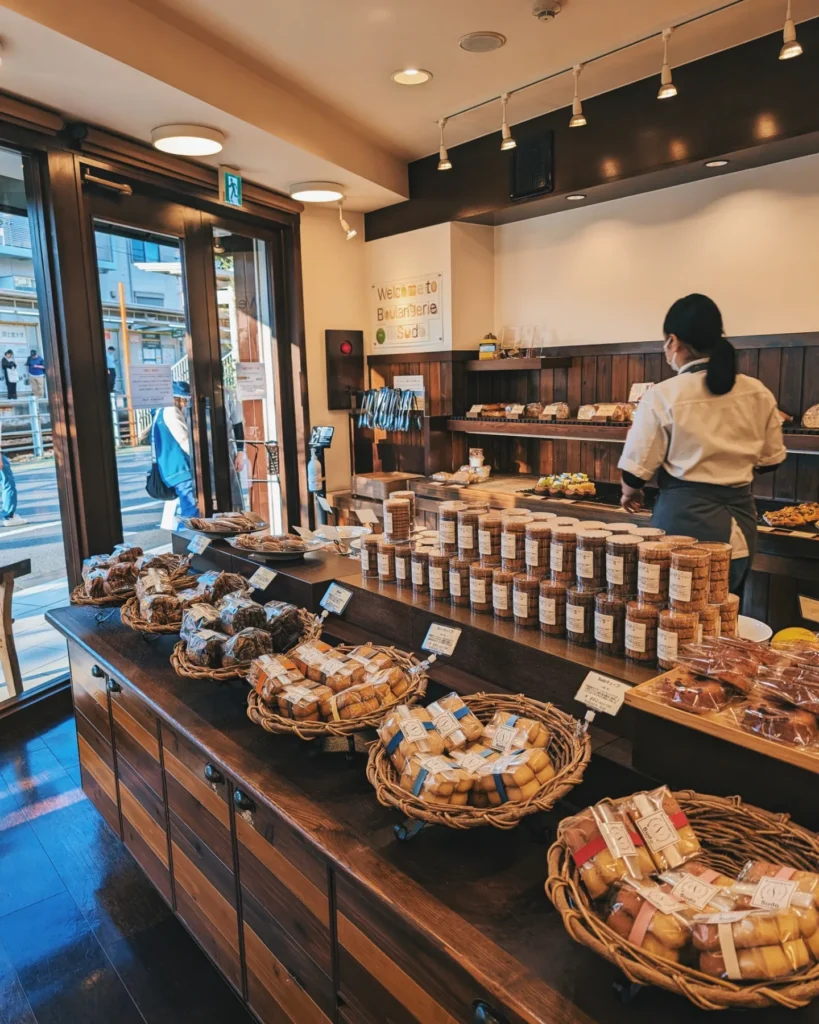 Picture of the inside of a pastry shop. There are jars of jam, baked goods, and a person with their back turned to the camera.